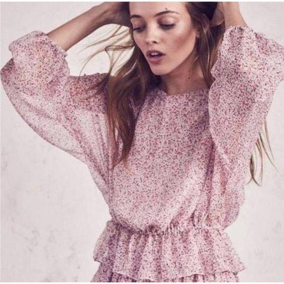 LoveShackFancy Tops - LOVESHACKFANCY Silk Floral Print Nellie Pink Ruffle Dolman Blouse Size Small
